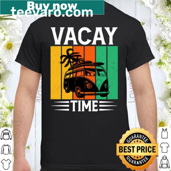 Vacation themed shirt with a van, palm trees, and beach