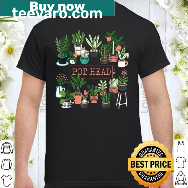 Funny gardening T-shirt with a potted plant wearing a pot on its head
