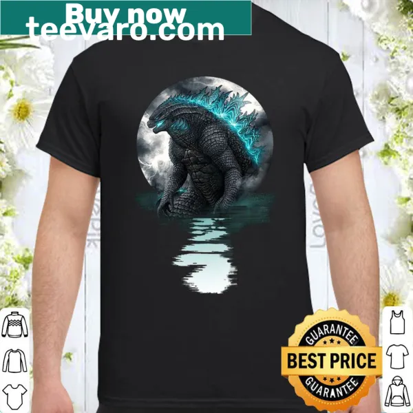 Shirt featuring Godzilla illustration against a moon backdrop.