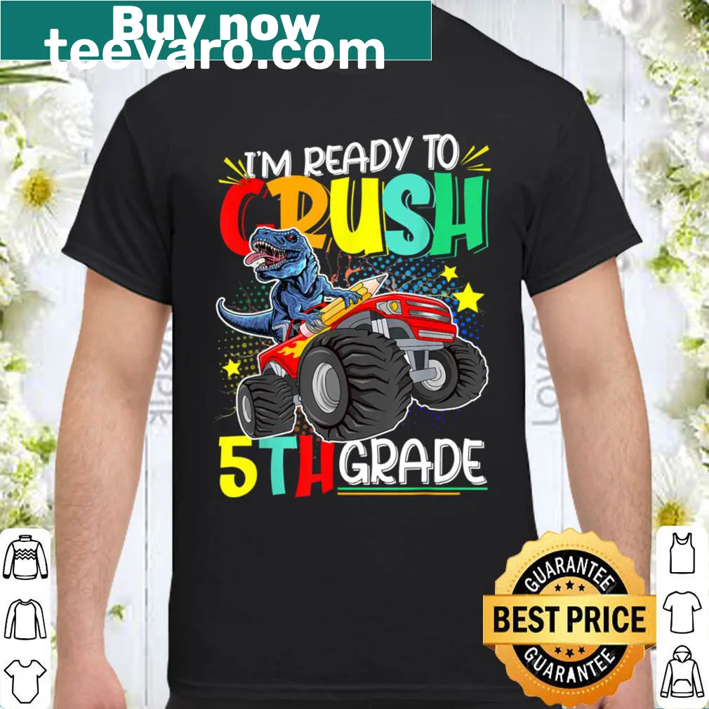 Back to school t-shirt with monster truck and dinosaur for 5th graders.