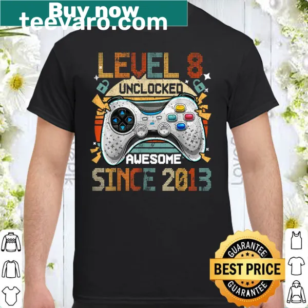 Video game birthday shirt with 'Level 8 Unlocked' text.