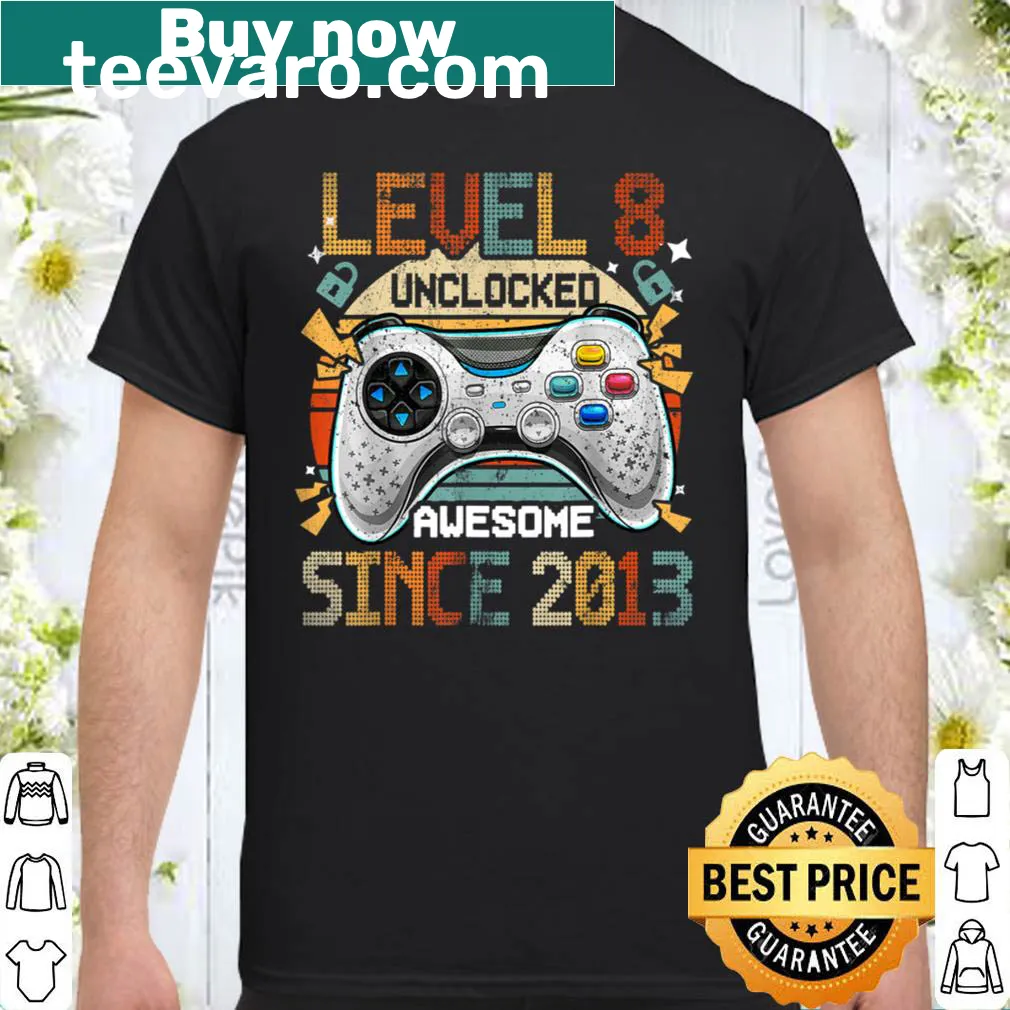 Video game birthday shirt with 'Level 8 Unlocked' text.