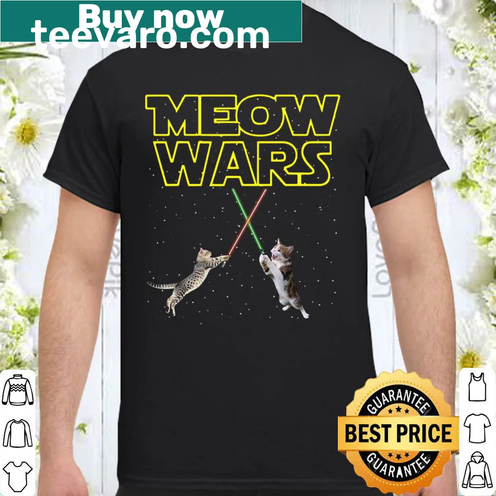 Playful cat-themed shirt inspired by sci-fi with 'Meow Wars' graphics