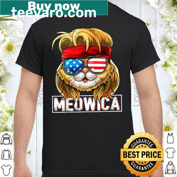 Patriotic cat-themed shirt with American flag and mullet design
