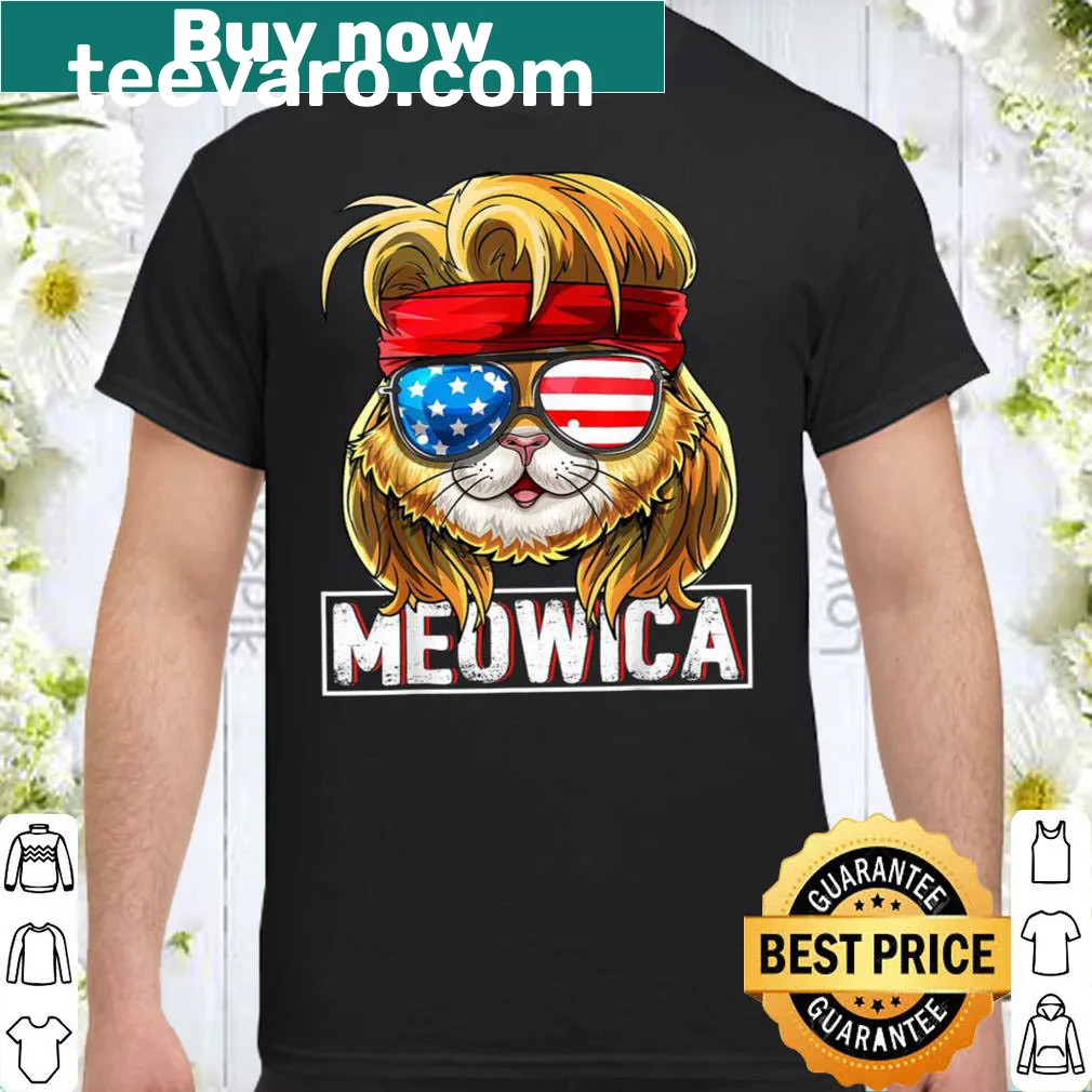 Patriotic cat-themed shirt with American flag and mullet design