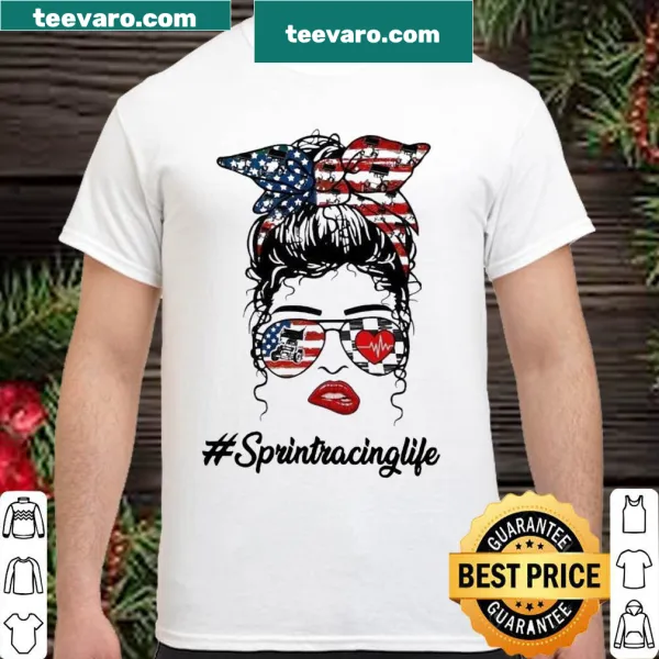 Active lifestyle shirt with messy bun girl and American flag