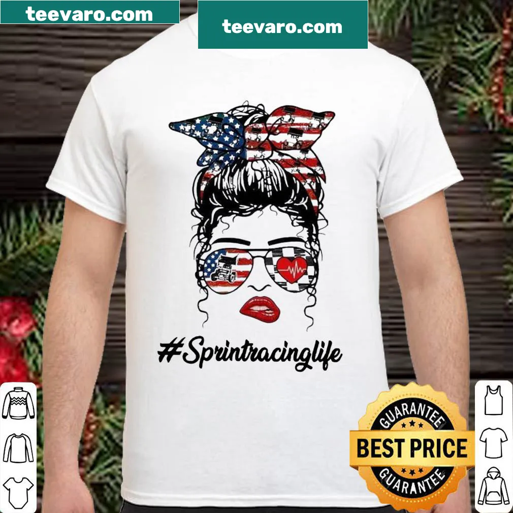 Active lifestyle shirt with messy bun girl and American flag