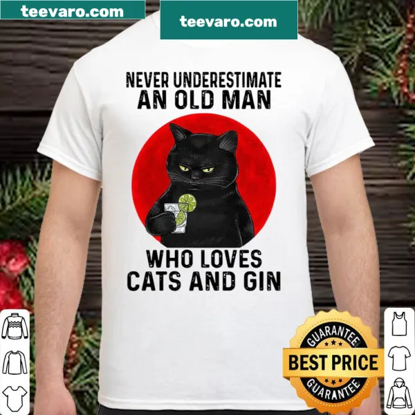 Vintage-style shirt with humorous text about old man, cats, and gin