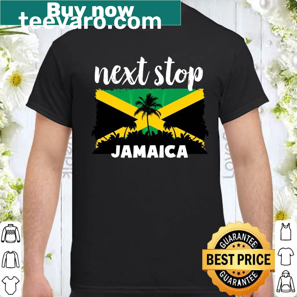 Shirt featuring graphics of Jamaica with palm trees and beach vibes