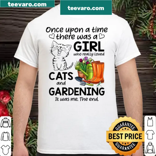 Whimsical t-shirt featuring a story about cats and gardening