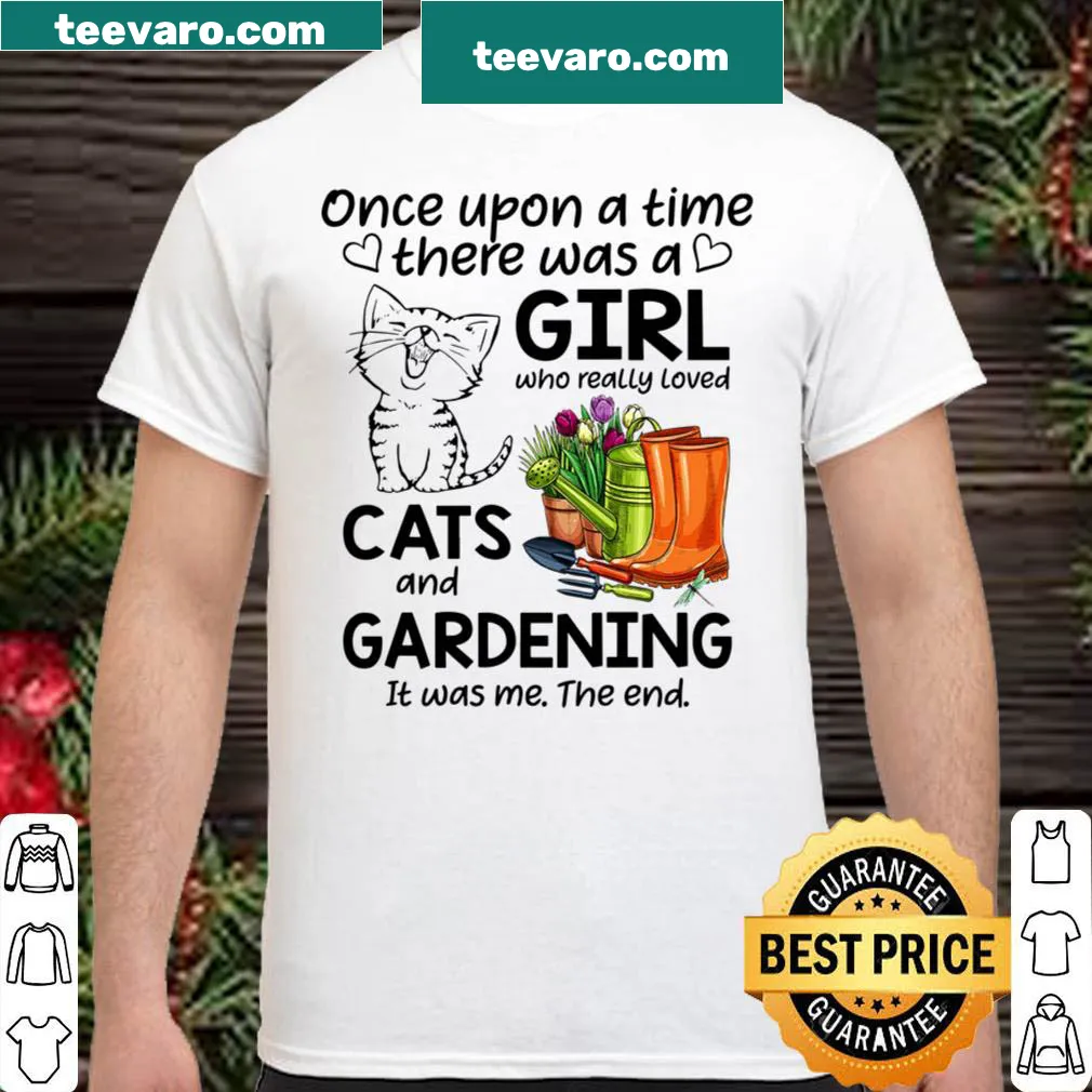 Whimsical t-shirt featuring a story about cats and gardening