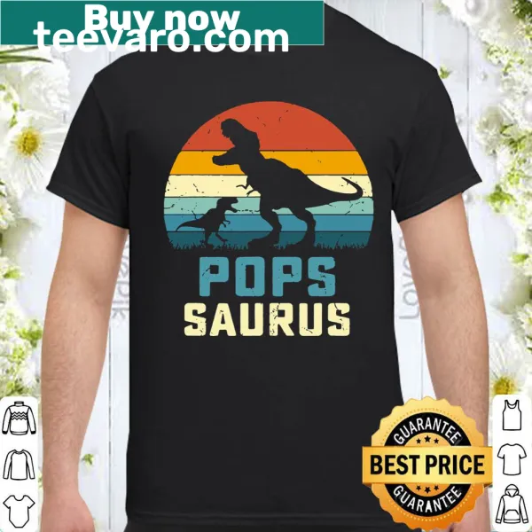 Matching family tee with cartoon T-Rex and 'Pops Saurus' text