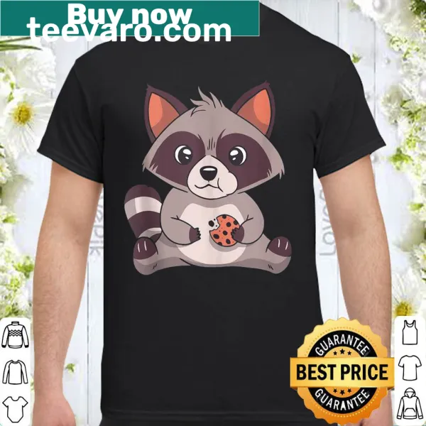 Cartoon raccoon eating a biscuit on a shirt