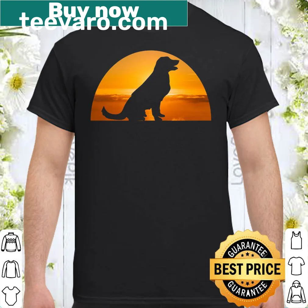 Golden retriever graphic on a sunset-themed dog lover T-shirt