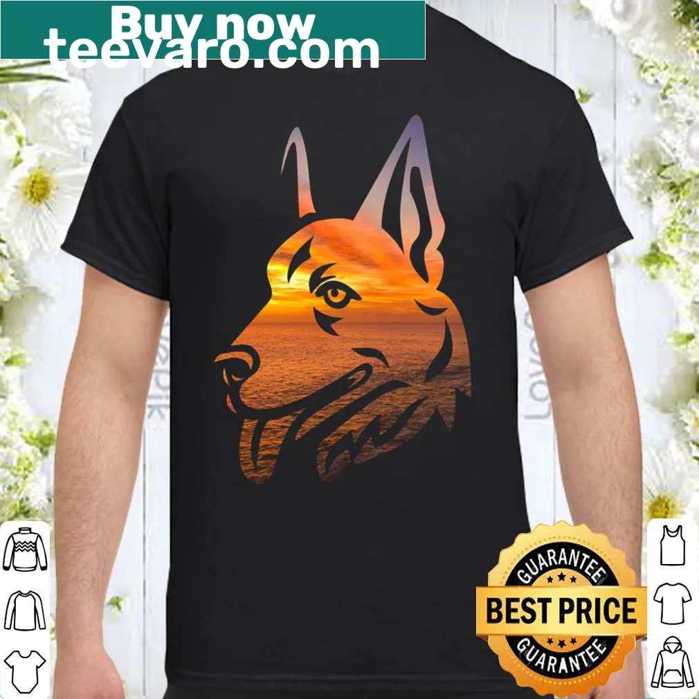 Illustrated shepherd dog T-shirt with sunset background