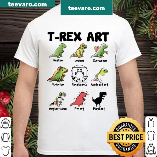 Chibi-style T-Rex dinosaur graphic on a kid's shirt.