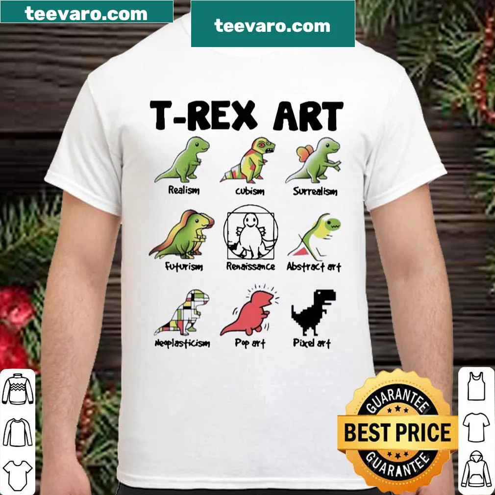 Chibi-style T-Rex dinosaur graphic on a kid's shirt.