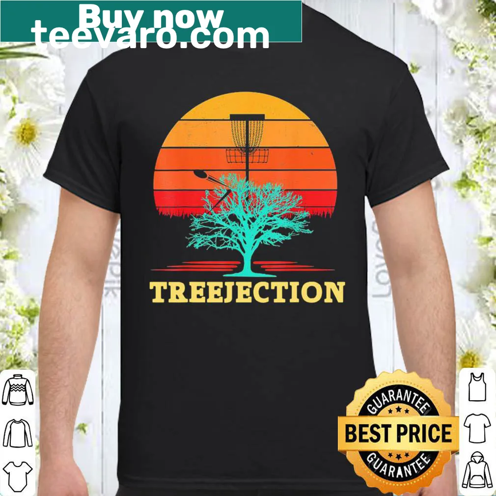 Playful shirt for disc golfers featuring the phrase 'Treejection' for humor.