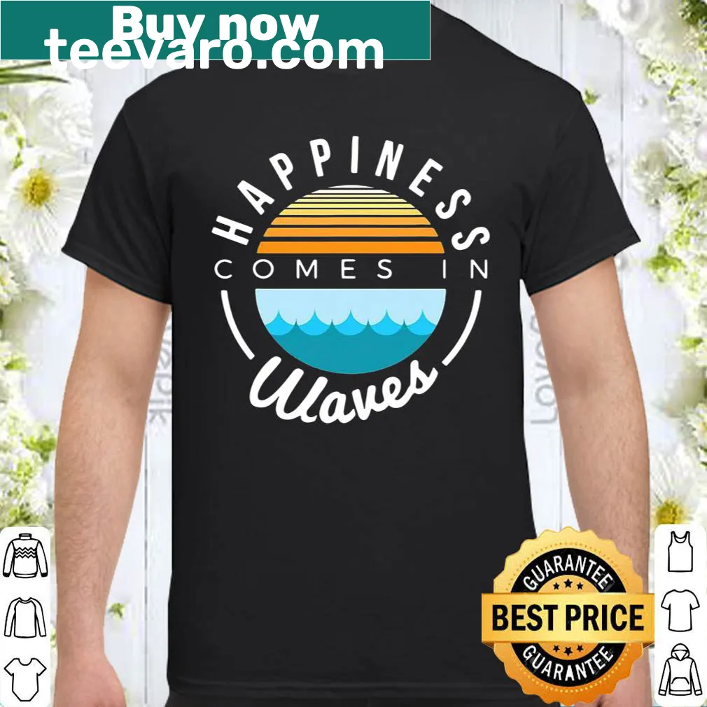 Vintage-style beach T-shirt with waves and happiness quote