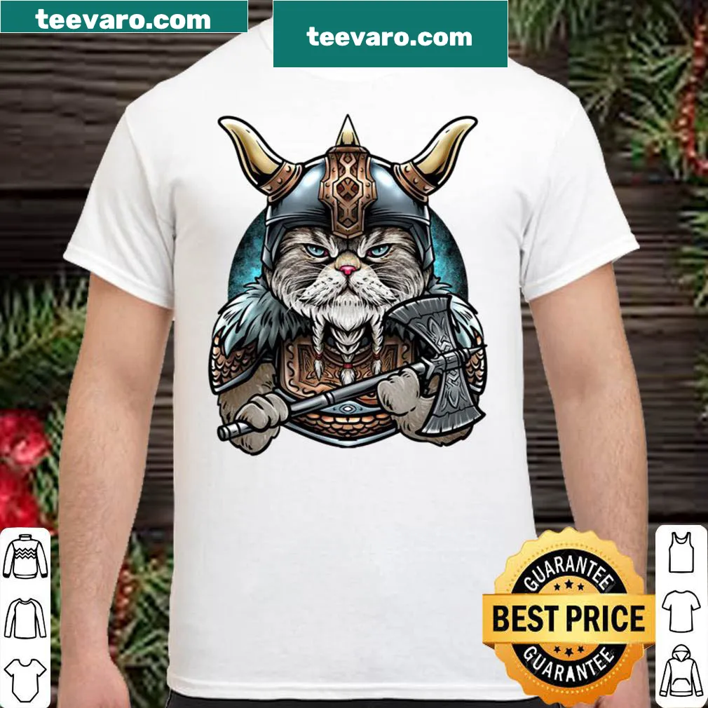 Cartoon Viking cat illustration in Norse mythology style
