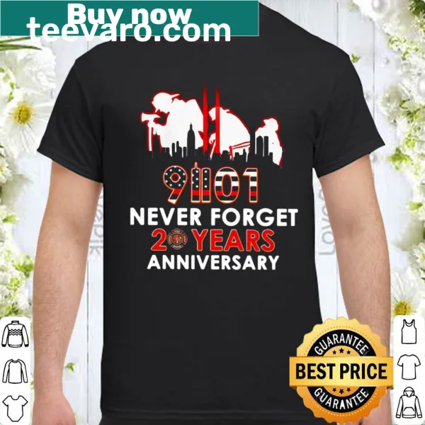 20th anniversary shirt with 'Never Forget' text commemorating 9/11