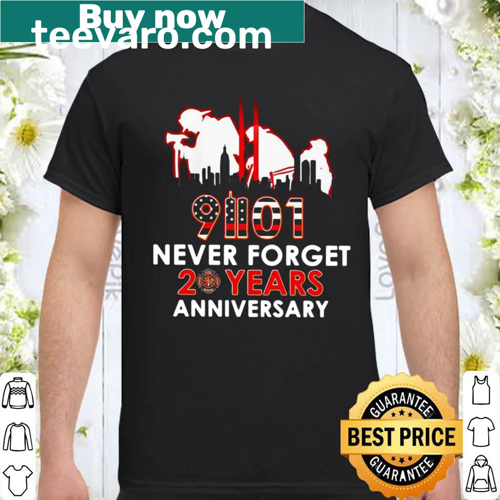 20th anniversary shirt with 'Never Forget' text commemorating 9/11