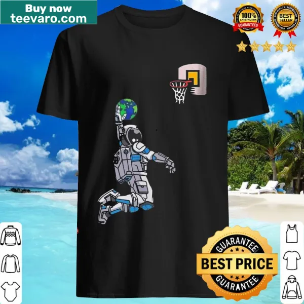 Playful t-shirt featuring an astronaut dunking a basketball in space