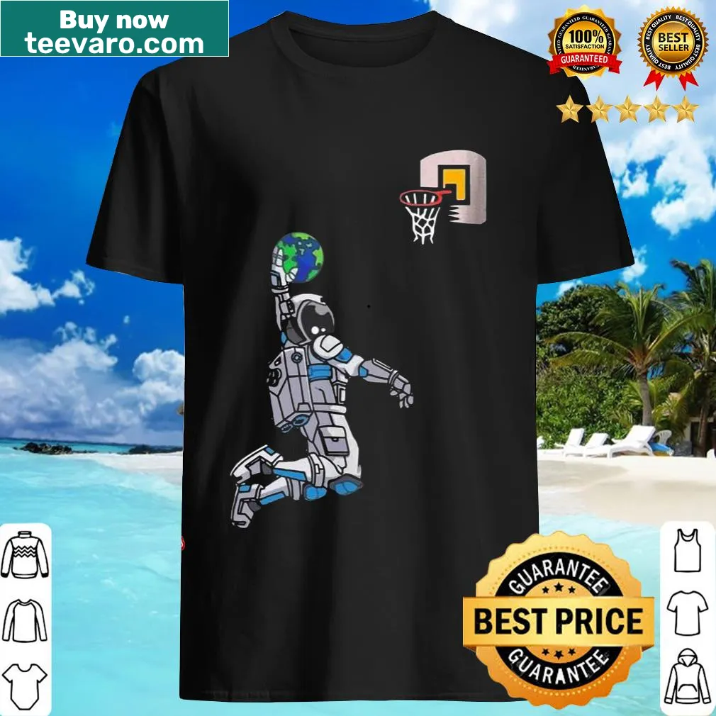 Playful t-shirt featuring an astronaut dunking a basketball in space