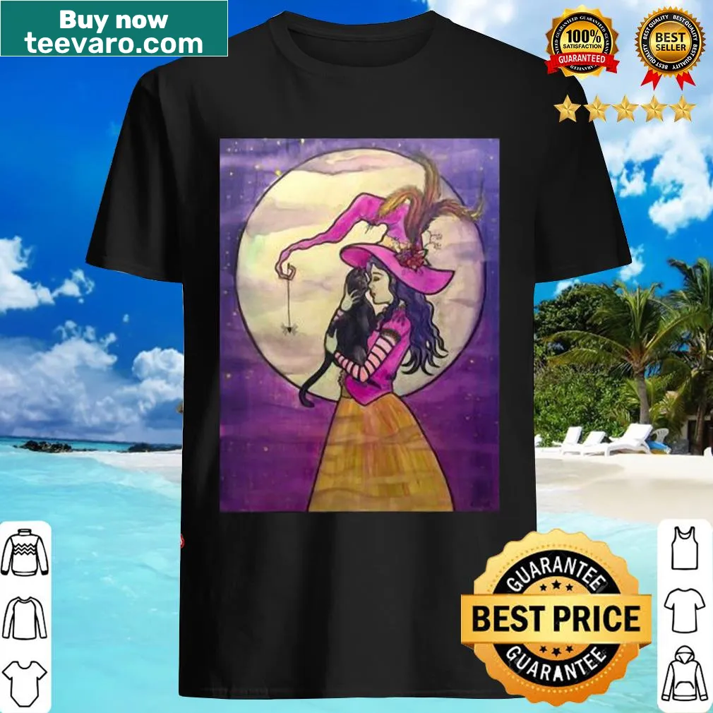 Charming black cat illustration with Halloween theme on t-shirt