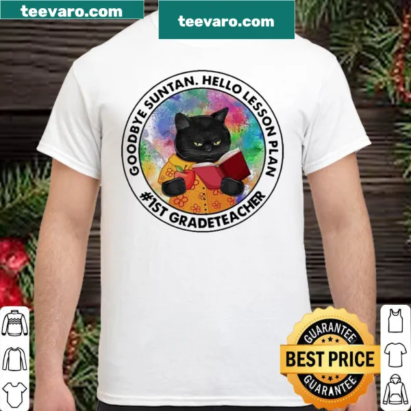 T-shirt with black cat and 'Goodbye Suntan, Hello Lesson Plan' text