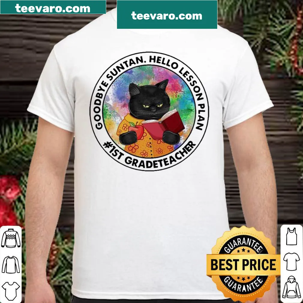 T-shirt with black cat and 'Goodbye Suntan, Hello Lesson Plan' text
