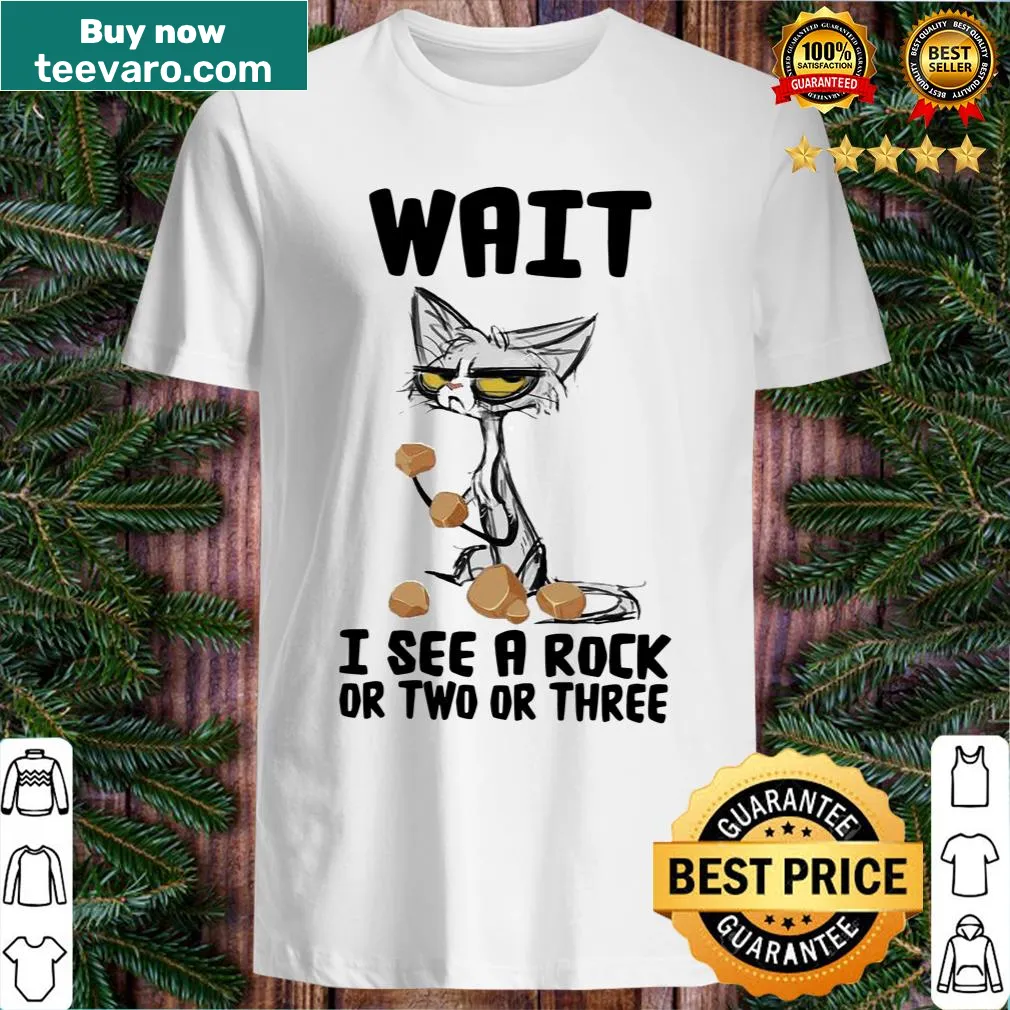 Playful illustration of a black cat looking at rocks on a t-shirt