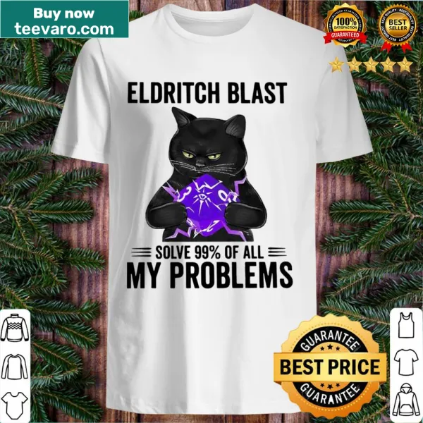 Funny typography shirt featuring a black cat and 'Eldritch Blast' text