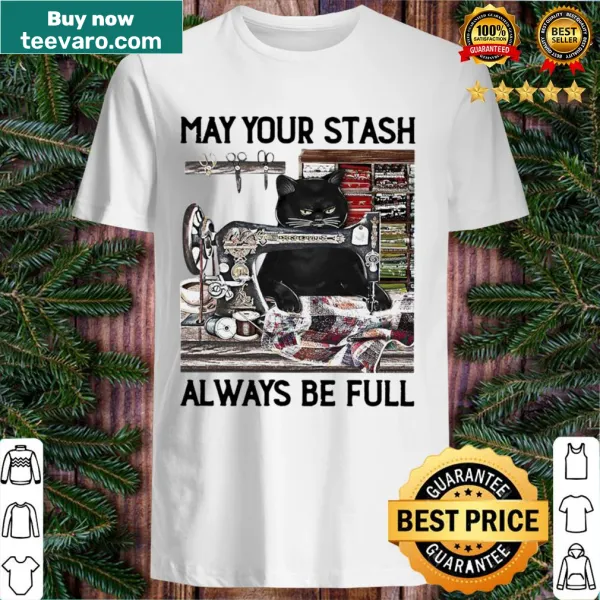 Illustrated black cat with sewing theme and positive message about fabric stashes