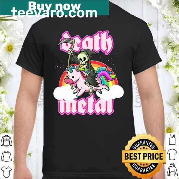 Grim Reaper riding a unicorn graphic on a death metal shirt