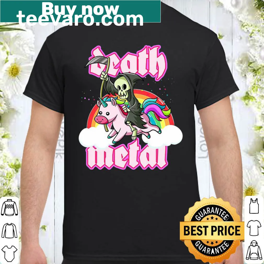 Grim Reaper riding a unicorn graphic on a death metal shirt