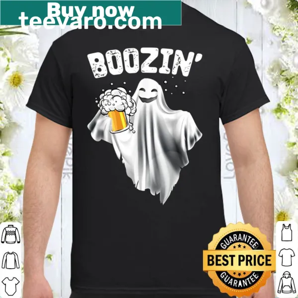 Ghost holding beer graphic on a spooky T-shirt