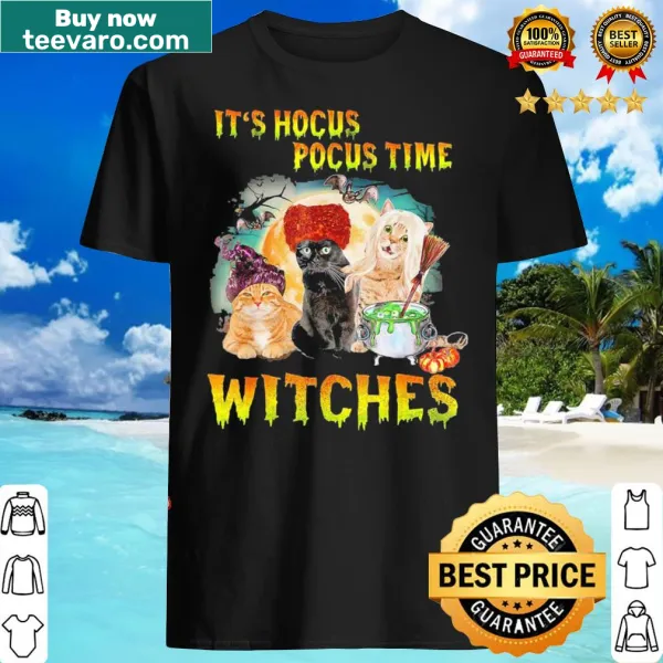 Funny Halloween cat t-shirt with 'It's Hocus Pocus Time' text.