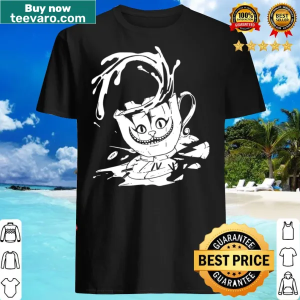 Cheshire Cat peeking out of a teacup graphic on t-shirt