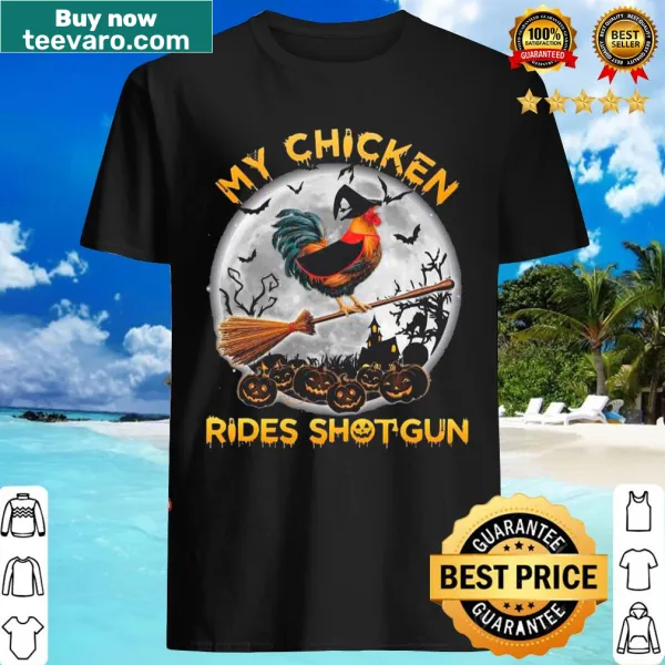 Cartoon chicken witch riding shotgun graphic for Halloween