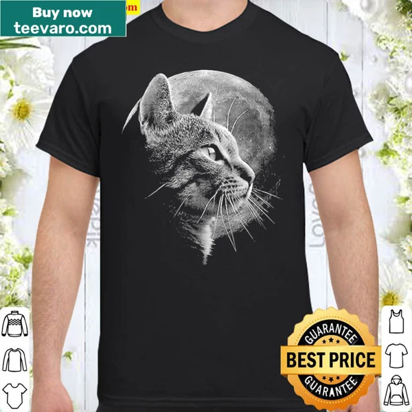 Funny cat shirt with an illustration of a cute cat next to a moon.