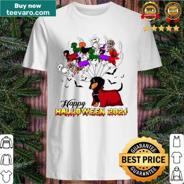 Dachshund in costume for Halloween with festive graphic elements