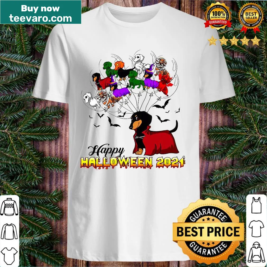 Dachshund in costume for Halloween with festive graphic elements
