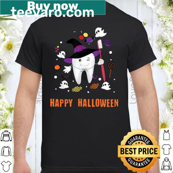 Halloween shirt with smiling teeth and spooky graphics for dental assistants