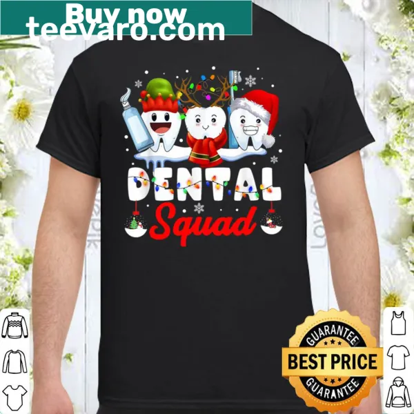Christmas-themed t-shirt with dental tools and 'Dental Squad' text