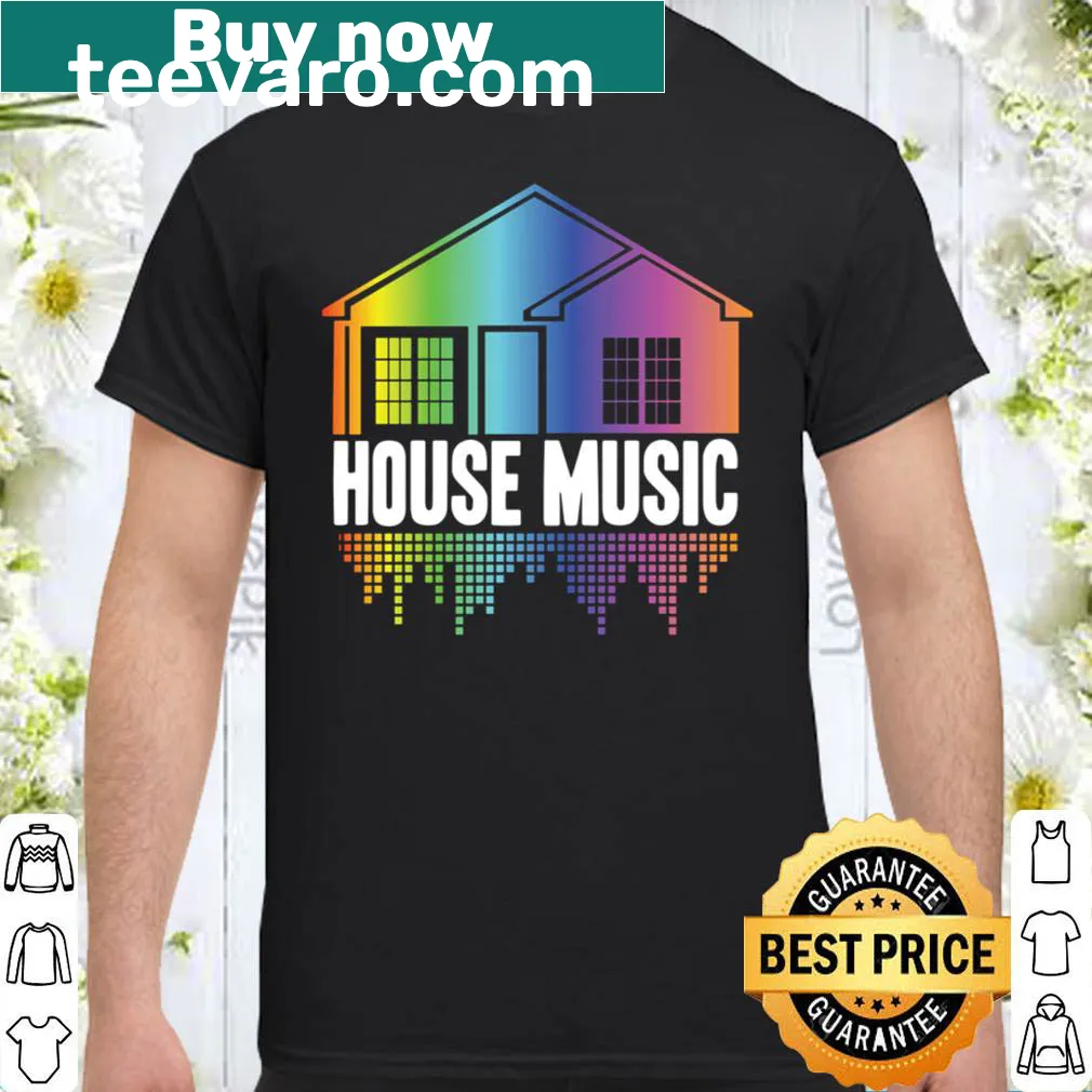Disc jockey shirt featuring music-themed graphics related to house music and parties.