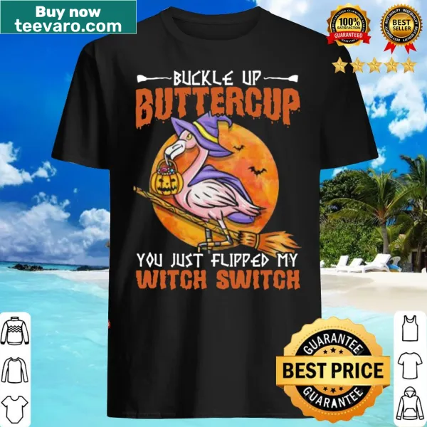 Flamingo witch t-shirt with humorous Halloween phrase.