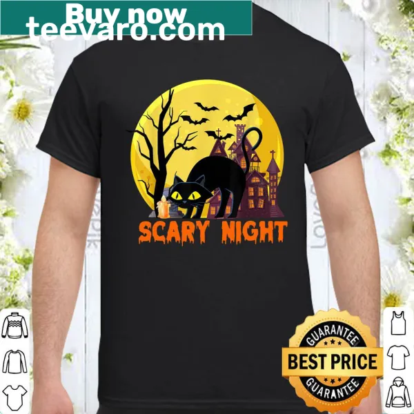 Halloween shirt with playful cats and humorous text.