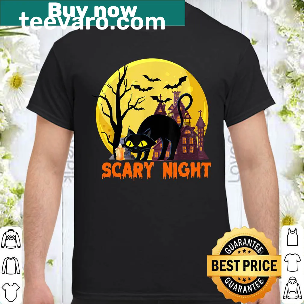 Halloween shirt with playful cats and humorous text.