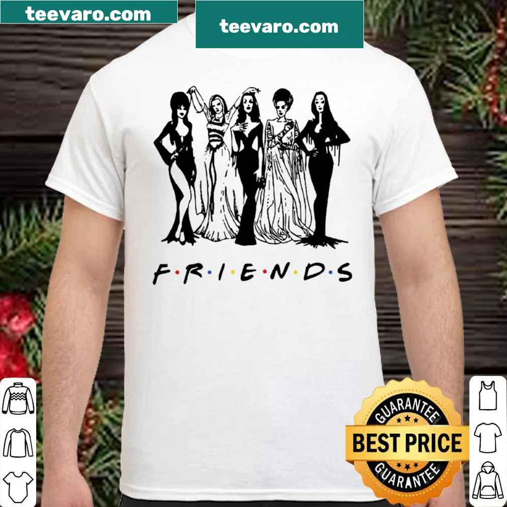 Halloween shirt featuring Elvira, Lily Munster, Morticia, and the Bride of Frankenstein.